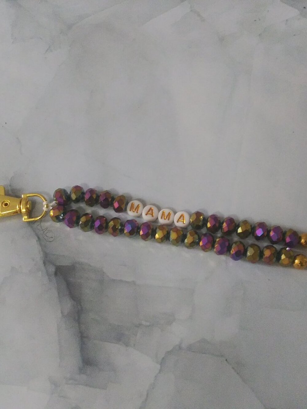 Handmade “MAMA” Iridescent Beaded Bag Charm Keychain | Gold Tone Purse Charm